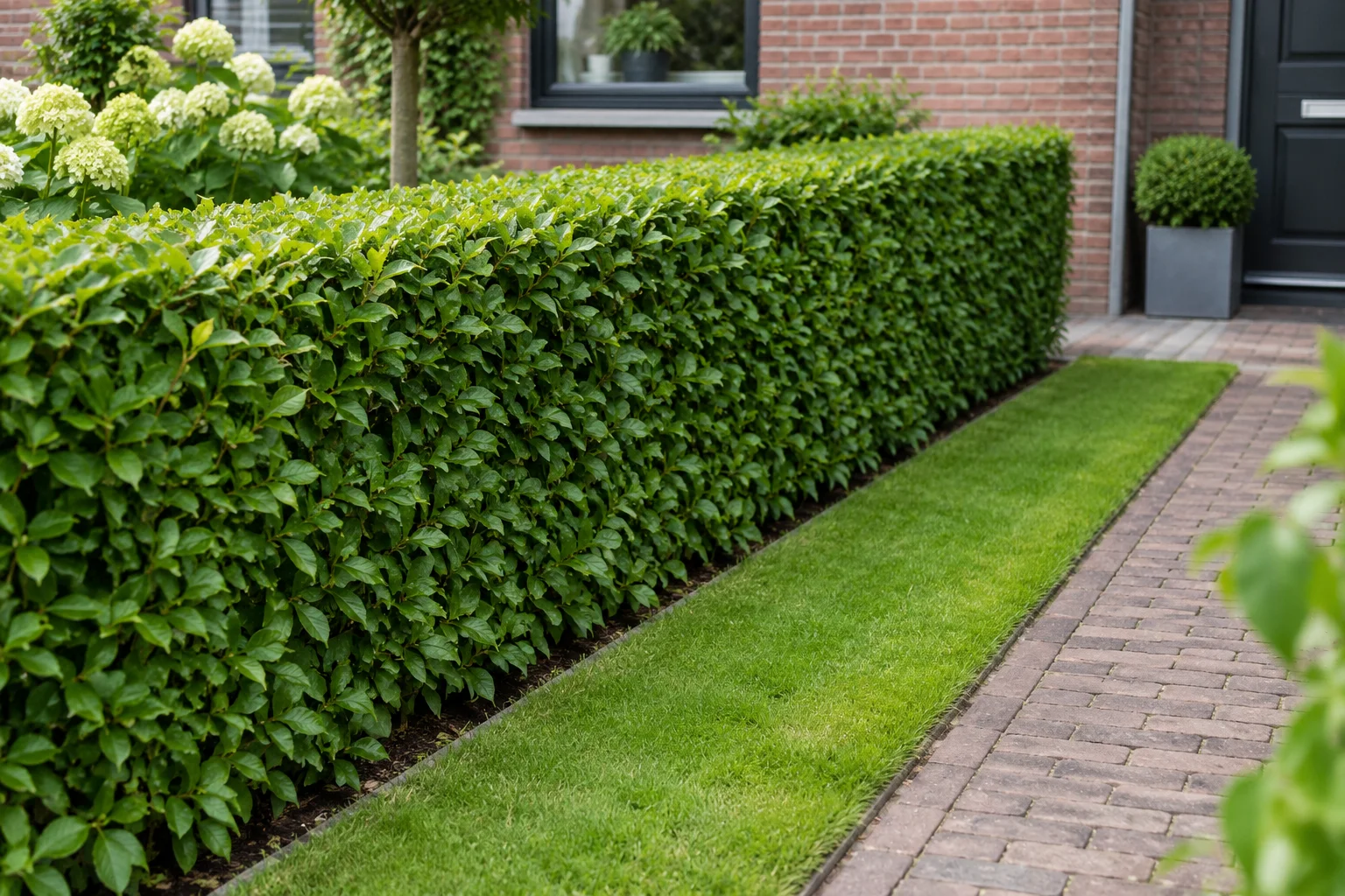 Demo-illustratie van een geschoren haag naast een tuinpad; geen uitgevoerde klantopdracht.