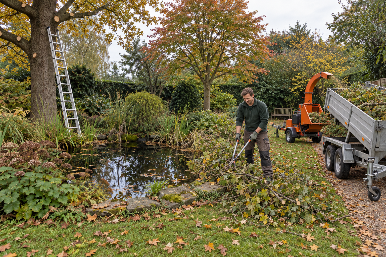 AI-demobeeld tijdens het werk: fictieve Bart bij snoeihout, ladder tegen de grote eik, kipwagen en oranje hakselaar naast dezelfde vijver en tuinpad.