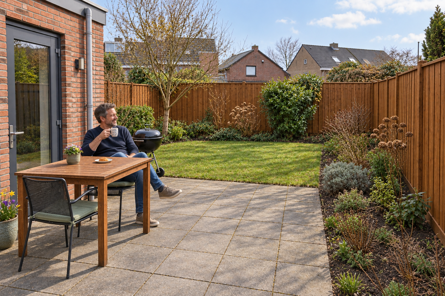 AI-demobeeld na het werk: dezelfde voorjaarstuin met afgewerkt houten hek en tafel, twee opgefriste stoelen, schoon terras en een bewoner met koffie.