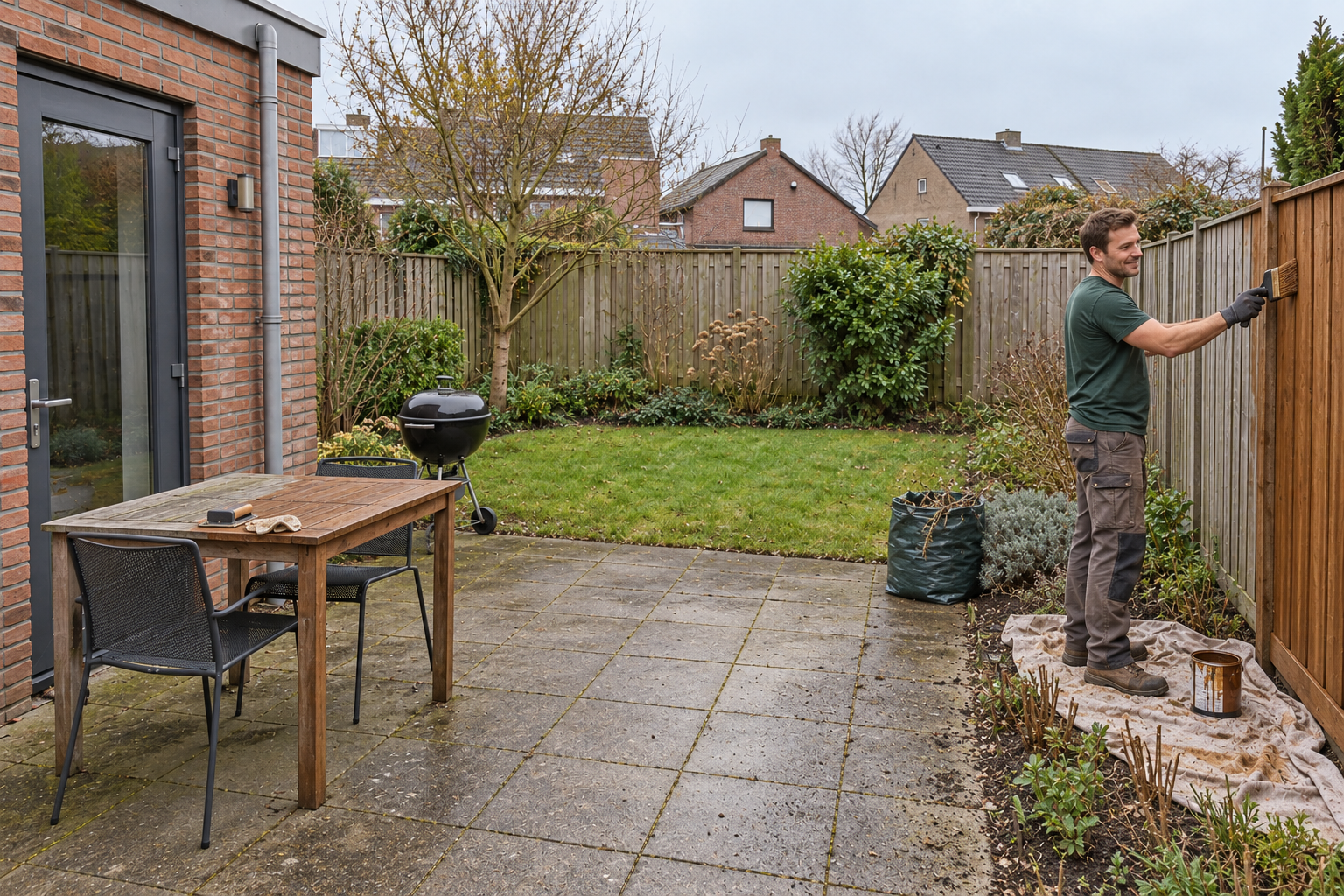 AI-demobeeld tijdens het werk: fictieve Bart kleurt het gedeeltelijk afgewerkte hek; half opgefriste houten tafel, twee stoelen en verzameld snoeiafval in dezelfde voorjaarstuin.