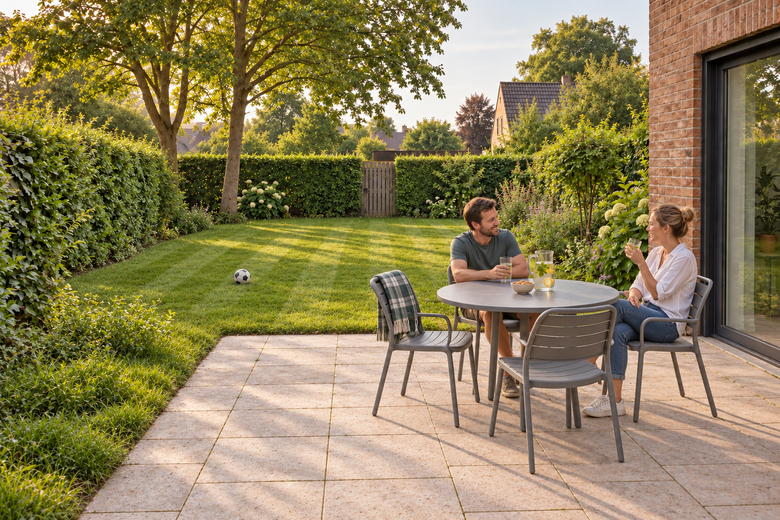 AI-demobeeld na het werk: dezelfde zomerfamilietuin met gemaaid gras, luchtigere bomen links en twee bewoners aan de ronde tafel met vier stoelen.