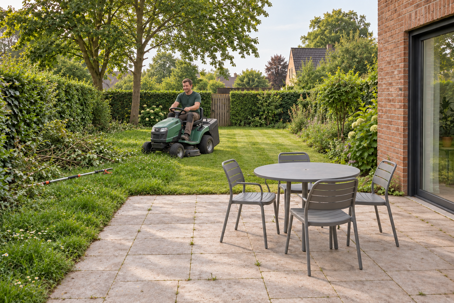 AI-demobeeld tijdens het werk: fictieve Bart op een groene zitmaaier, deels gemaaid gazon, gesnoeide takken links en hetzelfde terras met vier stoelen.