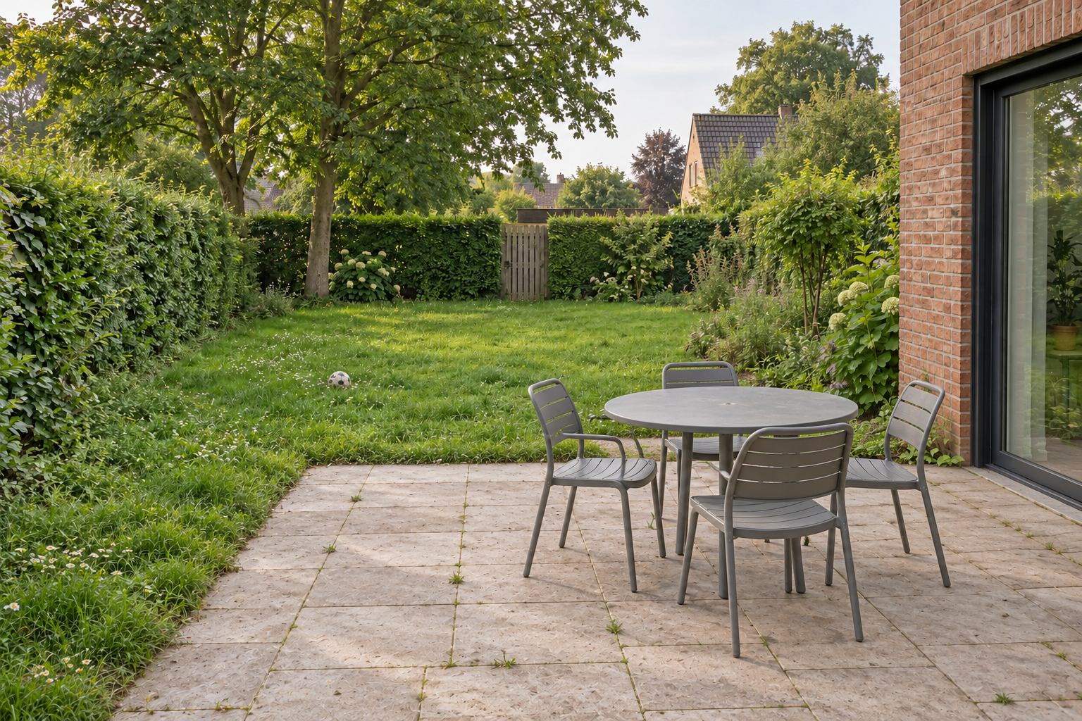 AI-demobeeld voor het werk: zomerfamilietuin met lang gras, dichte bomen links, ruime stenen zithoek en ronde tafel met precies vier grijze stoelen.
